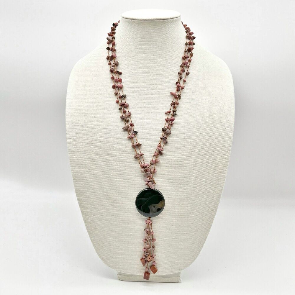 Black Stone Pendant Mauve Stone Chip 3 Strand Polished Tassel Boho Necklace 25”